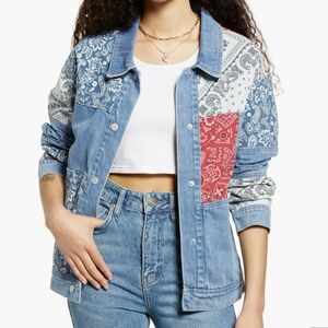 Free People Bandana Patchwork Denim Jacket